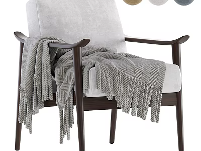Cozy Light Gray Upholstered Leisure Chair With Wooden Armrests And Knitted Blanket Draped Over 3d model