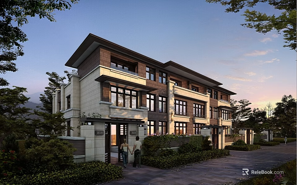 Modern Detached Villa Exterior With Stone Wood Facade Large Windows And Landscaping 3d model 