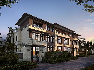Modern Detached Villa Exterior With Stone Wood Facade Large Windows And Landscaping 3d model