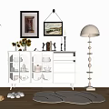 White Sideboard With Glass Doors Adorned By Vases Books Candles Floor Lamp And Wall Art