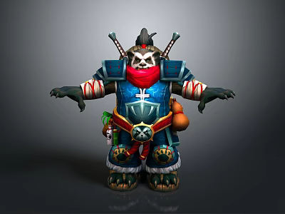 Fantasy Warrior Character With Skull Head Blue Armor Red Scarf Weapons And Decorative Gourd Standing Pose 3d model