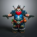 Fantasy Warrior Character With Skull Head Blue Armor Red Scarf Weapons And Decorative Gourd Standing Pose