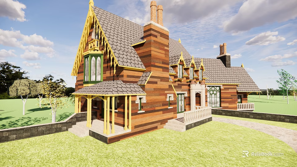 Traditional Style Detached House With Slate Roof Wooden Framing Porch White Railings And Green Lawn 3d model 