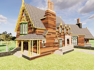 Traditional Style Detached House With Slate Roof Wooden Framing Porch White Railings And Green Lawn 3d model