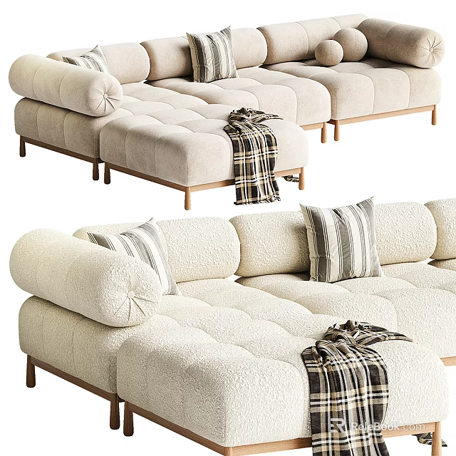 Plush Cream Colored Sectional Sofa With Throw Pillows Plaid Blanket And Wooden Legs 3d model 