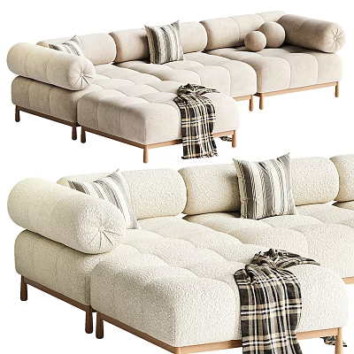 Plush Cream Colored Sectional Sofa With Throw Pillows Plaid Blanket And Wooden Legs 3d model
