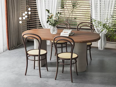 Round Wooden Dining Set With Curved Back Chairs Light Cushions White Vase Green Plants 3d model