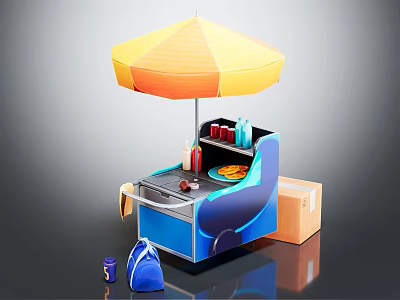 Mobile Food Vending Cart With Yellow Orange Umbrella Drinks And Storage Boxes 3d model