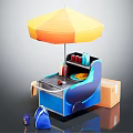 Mobile Food Vending Cart With Yellow Orange Umbrella Drinks And Storage Boxes