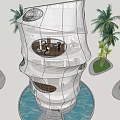 Unique Modern Tower Structure With Circular Openings Water Feature And Greenery 3d model