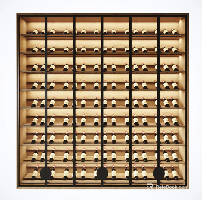 Modern Wine Cabinet With Illuminated Wooden Shelves And Multiple Wine Bottles 3d model 