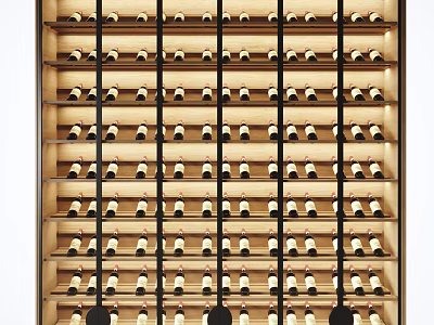 Modern Wine Cabinet With Illuminated Wooden Shelves And Multiple Wine Bottles 3d model