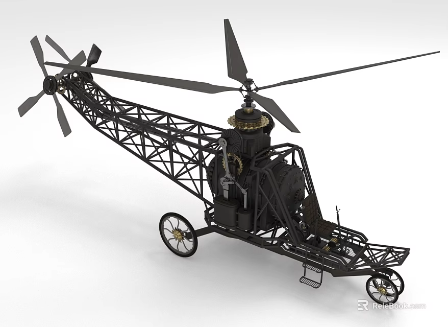 Vintage Helicopter With Open Frame Structure And Wheels 3d model