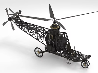 Vintage Helicopter With Open Frame Structure And Wheels 3d model