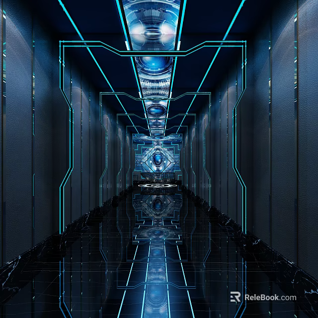 Modern KTV Interior Design With Blue Lighting Corridor And Mirror Floor Decor 3d model 
