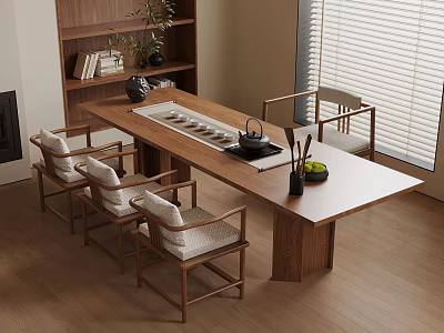 Traditional Tea Room Interior With Wooden Table Chairs Tea Set Bookshelf And Window Blinds 3d model