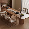 Traditional Tea Room Interior With Wooden Table Chairs Tea Set Bookshelf And Window Blinds