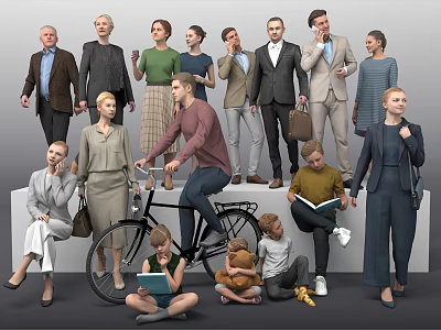 Group of Diverse People in Casual Attire Standing Sitting and Interacting with Biking Reading Activities 3d model