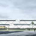 Modern Geometric Sales Office Building With Glass Curtain Walls And Illuminated Dusk Exterior Surrounding Trees