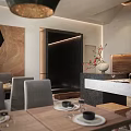 Modern Reception Area Interior With Dark Wooden Counter Stone Wall Small Plant And Bench