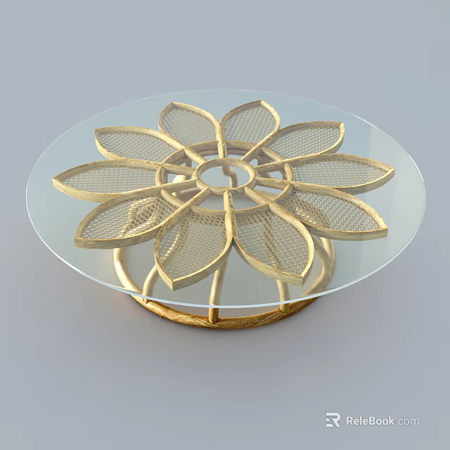 Round Glass Top Dining Table With Golden Petal Shaped Base Design 3d model 