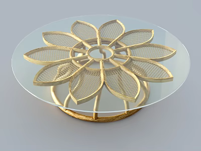 Round Glass Top Dining Table With Golden Petal Shaped Base Design 3d model