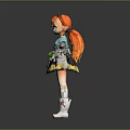 Anime Fantasy Girl Character With Orange Pigtails Horns Blue White Outfit And Green Bag