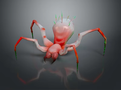 Red Pink Spider Like Creature With Green Spikes And Multiple Legs On Gray Background 3d model