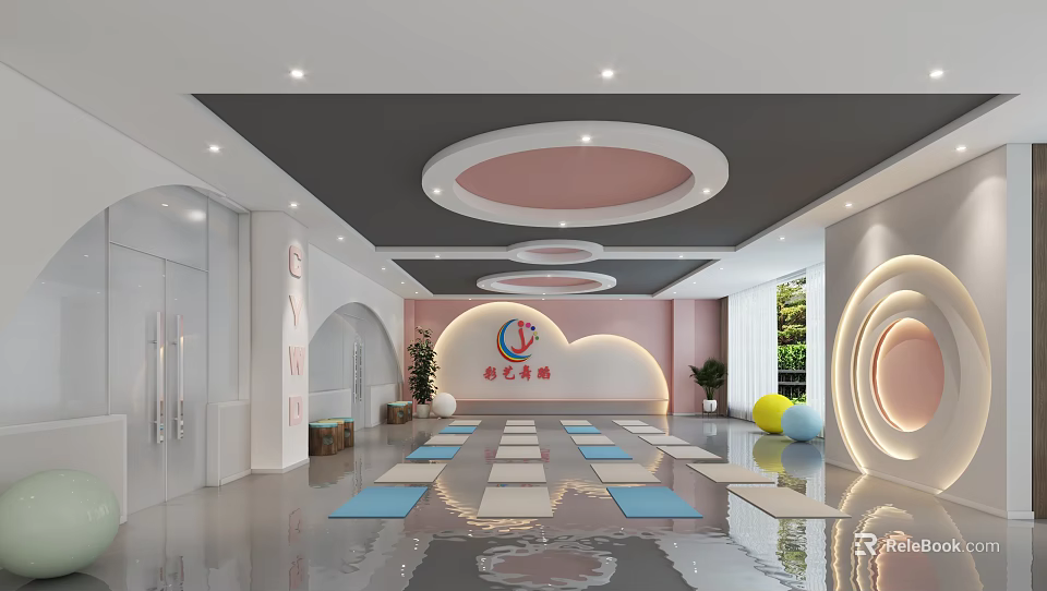 Modern Yoga Studio Interior With Pink Gray Decor Yoga Mats Balls And Daily Sign 3d model 