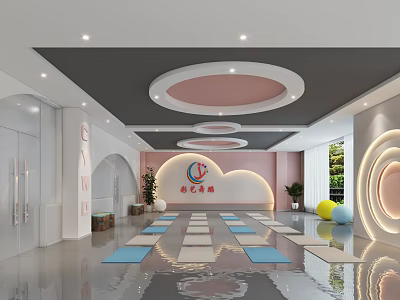 Modern Yoga Studio Interior With Pink Gray Decor Yoga Mats Balls And Daily Sign 3d model