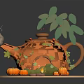 Cartoon Scene Featuring Orange Teapot Shaped House with Green Leaves Smoky Chimney Pumpkins and Stones