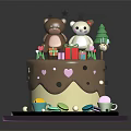 Chocolate Cake with Bear Rabbit Dolls Christmas Tree Gift Boxes Hearts Pearls on Pink Tray