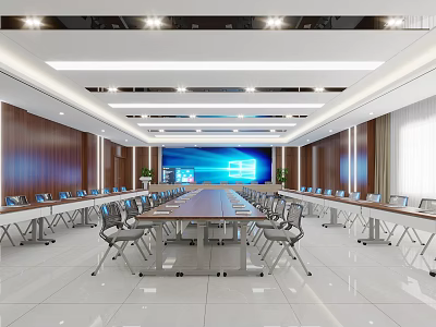 Modern Conference Room Design With Long Table Arranged Chairs Large Screen And Wooden Walls 3d model
