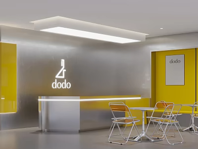 Modern Office Reception Area With Silver Background Wall Yellow Walls Dodo Logo And Tables Chairs 3d model