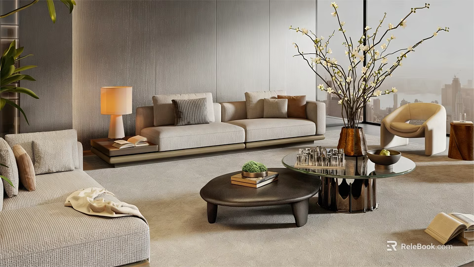 Modern Sofa and Coffee Table Set with Decorative Vase Green Plant in Cozy Living Room 3d model 