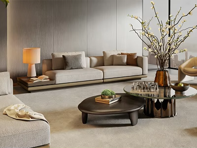 Modern Sofa and Coffee Table Set with Decorative Vase Green Plant in Cozy Living Room 3d model