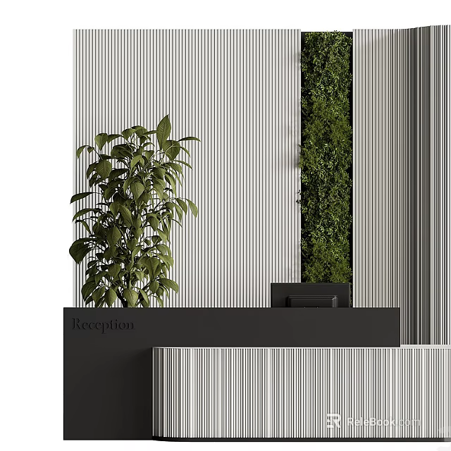 Modern Reception Desk Area With Potted Plant And Vertical Green Wall Design 3d model 