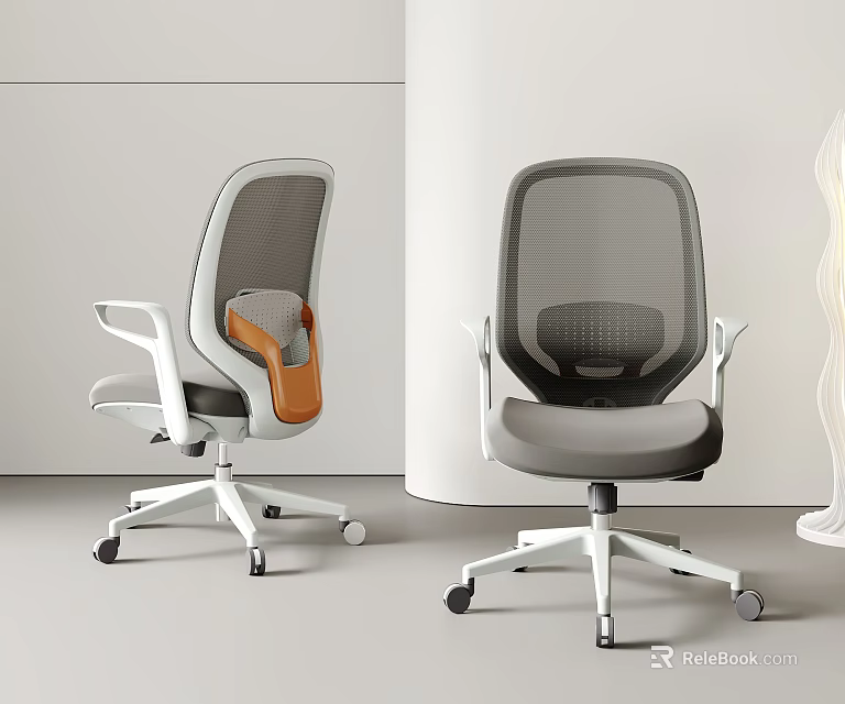 Modern Mesh Office Chairs With Orange Accent And Gray Backrest White Base Design 3d model 