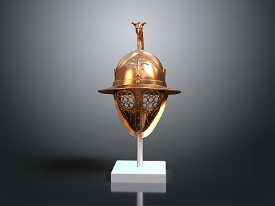Medieval Golden Weapon Helmet With Decorative Details On White Display Stand 3d model