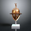 Medieval Golden Weapon Helmet With Decorative Details On White Display Stand