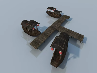 Traditional Wooden Boats With Covered Tops And Wooden Dock Design 3d model