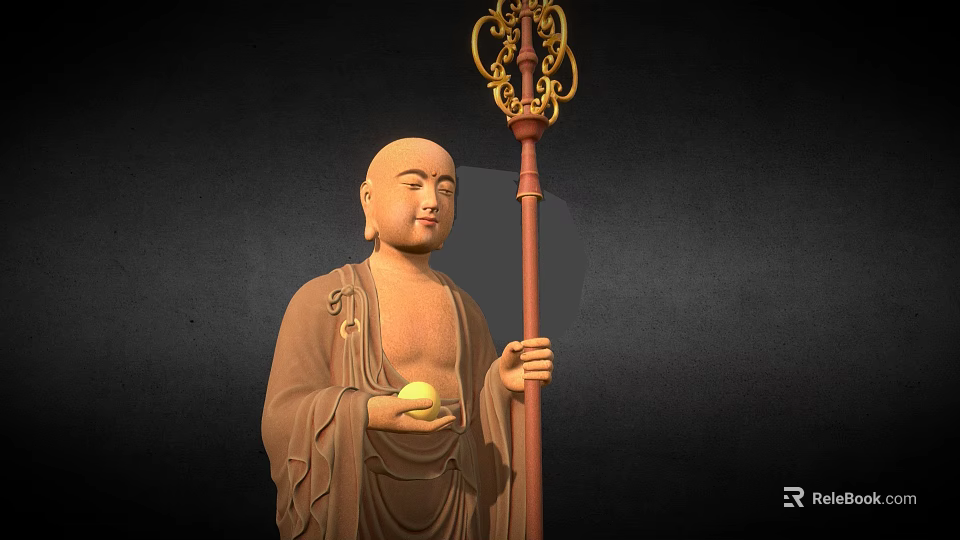 Exquisite Standing Buddhist Figure Sculpture Holding Decorative Staff And Golden Orb 3d model 