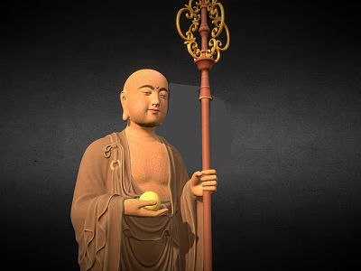 Exquisite Standing Buddhist Figure Sculpture Holding Decorative Staff And Golden Orb 3d model