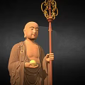 Exquisite Standing Buddhist Figure Sculpture Holding Decorative Staff And Golden Orb