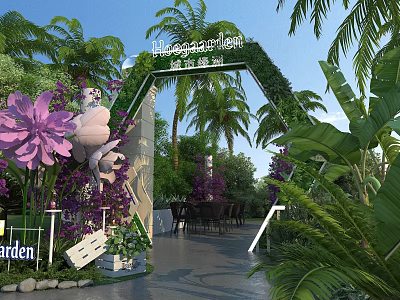 Lush Tropical Garden Space With Floral Archway Colorful Flowers And Outdoor Dining Setup 3d model