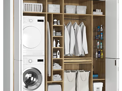 Organized Closet With Washing Machine Dryer Hanging Shirts Storage Baskets Folded Towels And Laundry Supplies 3d model