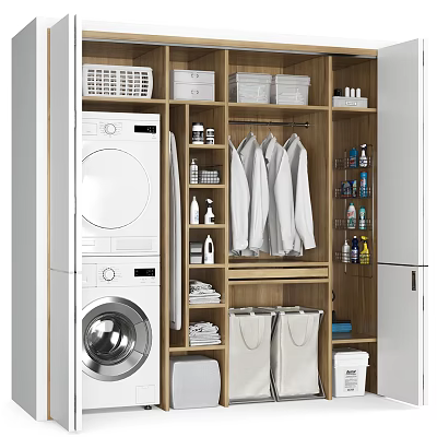 Organized Closet With Washing Machine Dryer Hanging Shirts Storage Baskets Folded Towels And Laundry Supplies 3d model