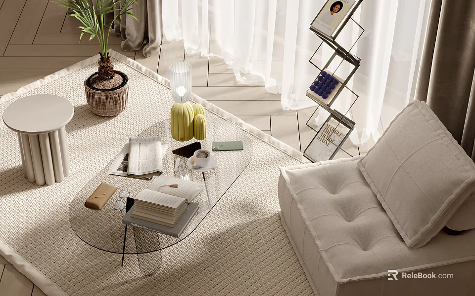 Modern Glass Coffee Table In Living Room With White Sofa Rug Potted Plant And Items 3d model 