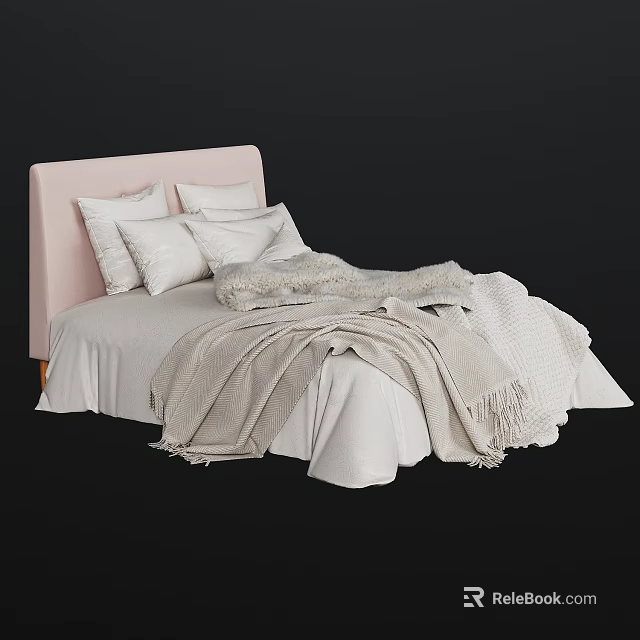 Cozy Double Bed With Pink Headboard White Pillows Light Colored Blanket And White Bed Sheets 3d model 