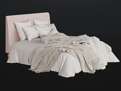 Cozy Double Bed With Pink Headboard White Pillows Light Colored Blanket And White Bed Sheets 3d model